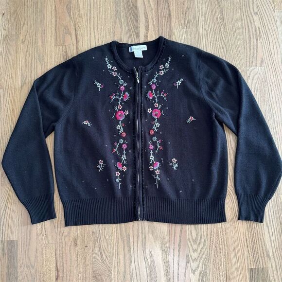 Dressbarn Sweaters - Dressbarn Women's Black Embroidered Cardigan Zip-up Sweater Size XL
